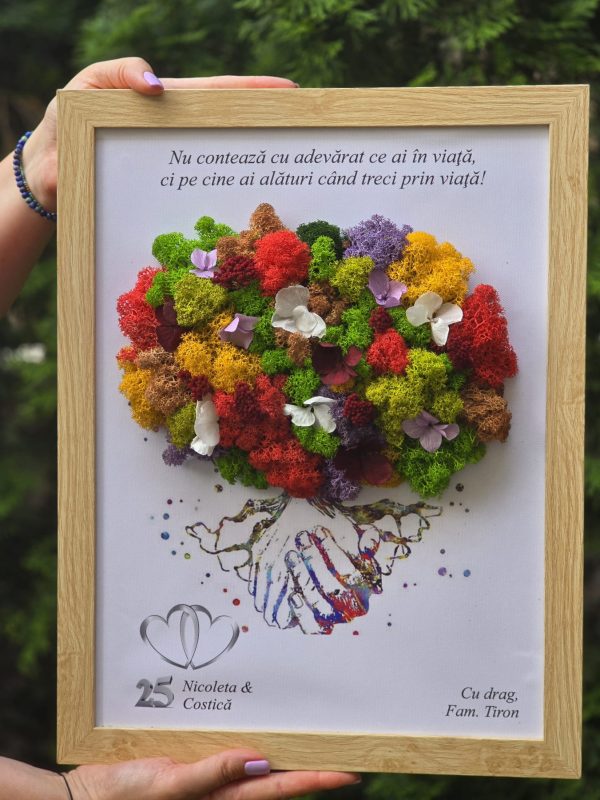 Tablou "Împreună" cu licheni stabilizați și text personalizat (A3)