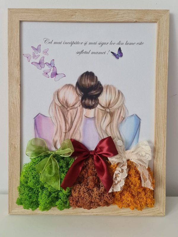 Tablou "Mama cu fetele" – Decor cu licheni stabilizați și text personalizat (A3)