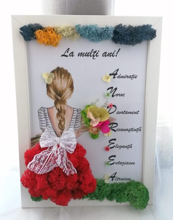 Tablou personalizat cu nume – Decor cu licheni stabilizați (A4)