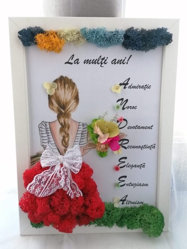 Tablou personalizat cu nume – Decor cu licheni stabilizați (A4)